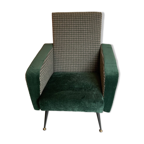 Fauteuil rétro vers 1960 vert forêt et pied de poule