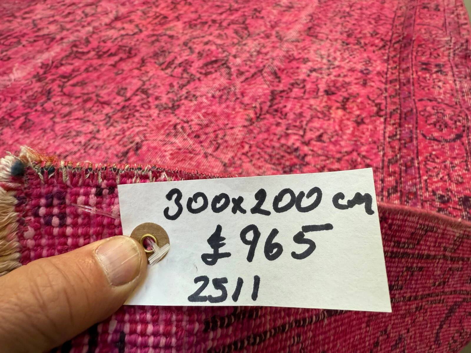 Turkish rug pink 300x200 cm, vintage overdyed tribal wool carpet large 2511