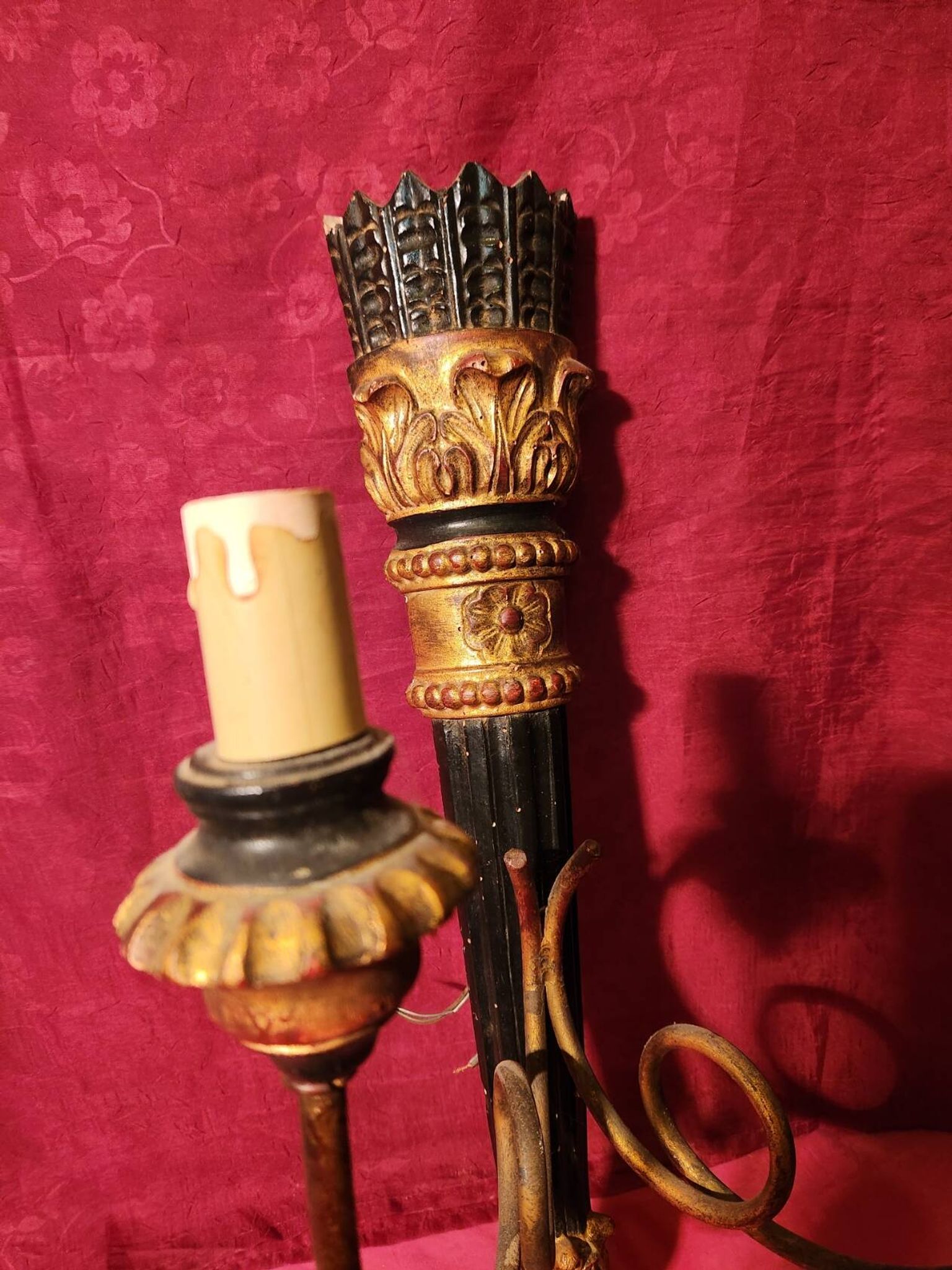 Large antique double wall light in gilded and black wood from the attic