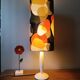 vintage lamp with a white wooden base, multicoloured sixties lampshade
