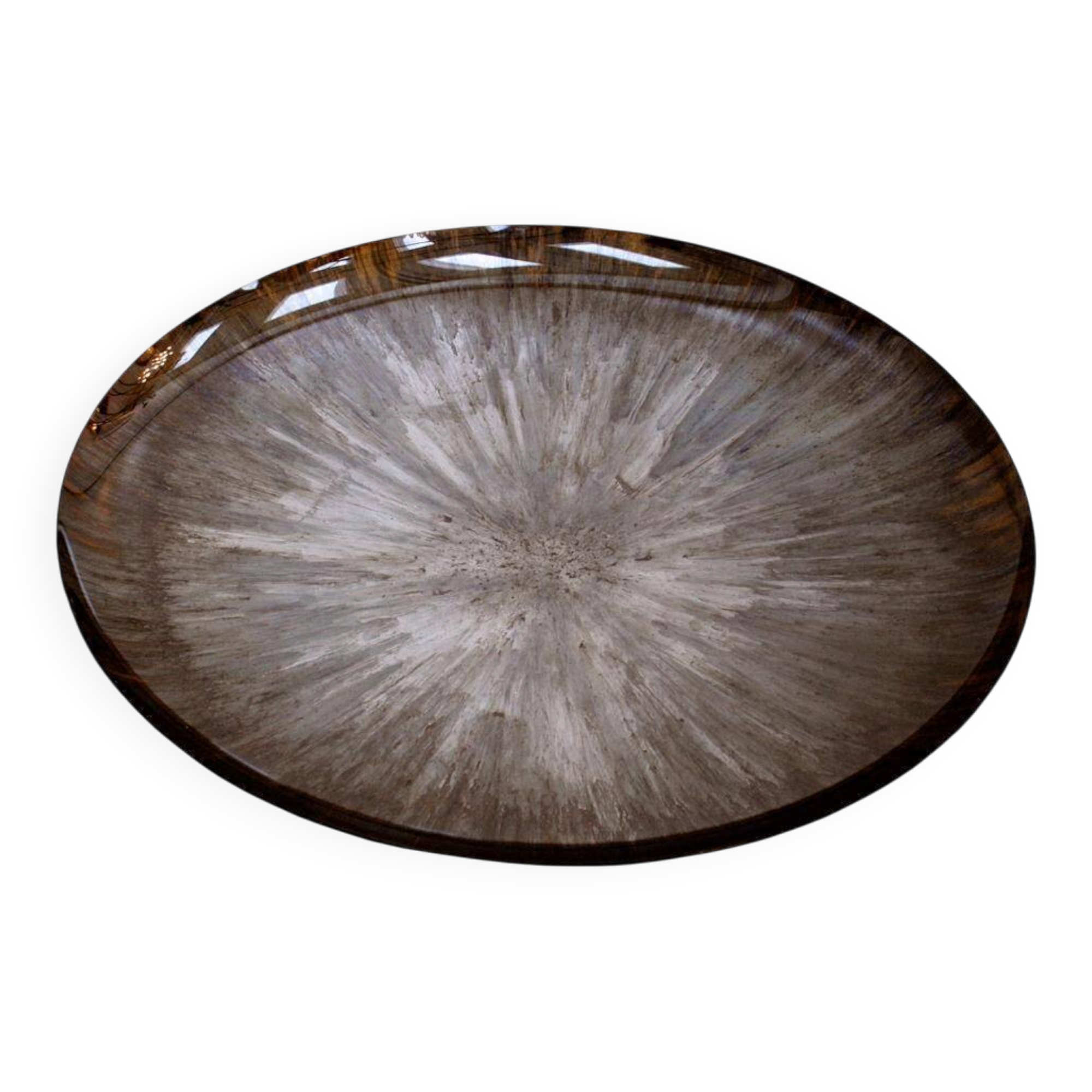 Miroir rond concave sculptural contemporain en brun, fabriqué en France