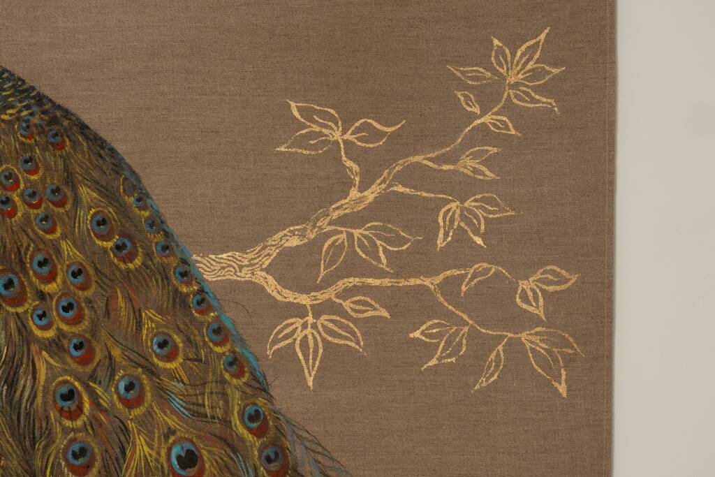 Canvas painted with a peacock design on a branch, contemporary work.