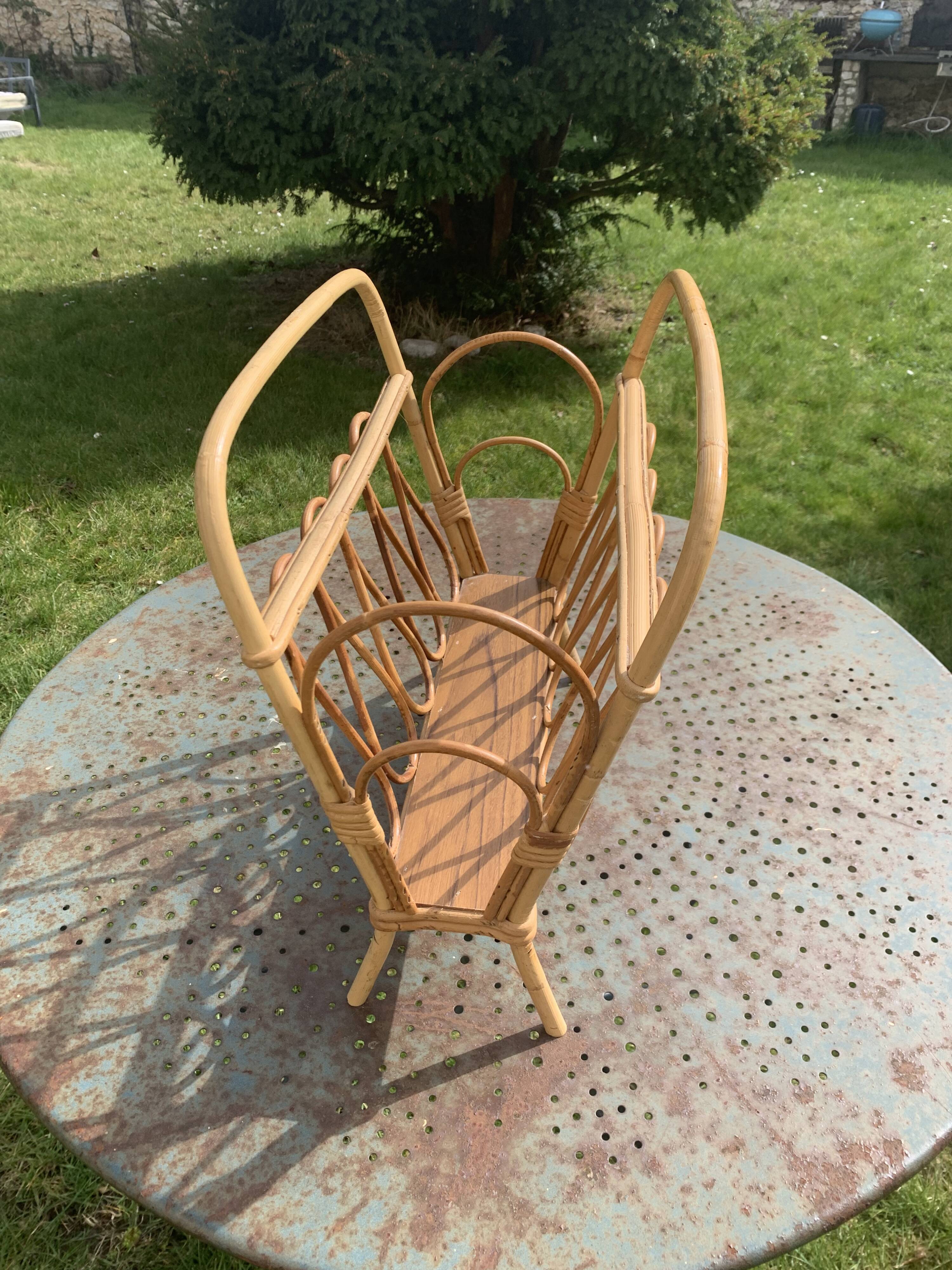 Vintage bamboo and rattan magazine holder 1960