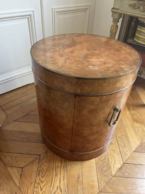 Table d'appoint tambour en loupe de bois avec porte
