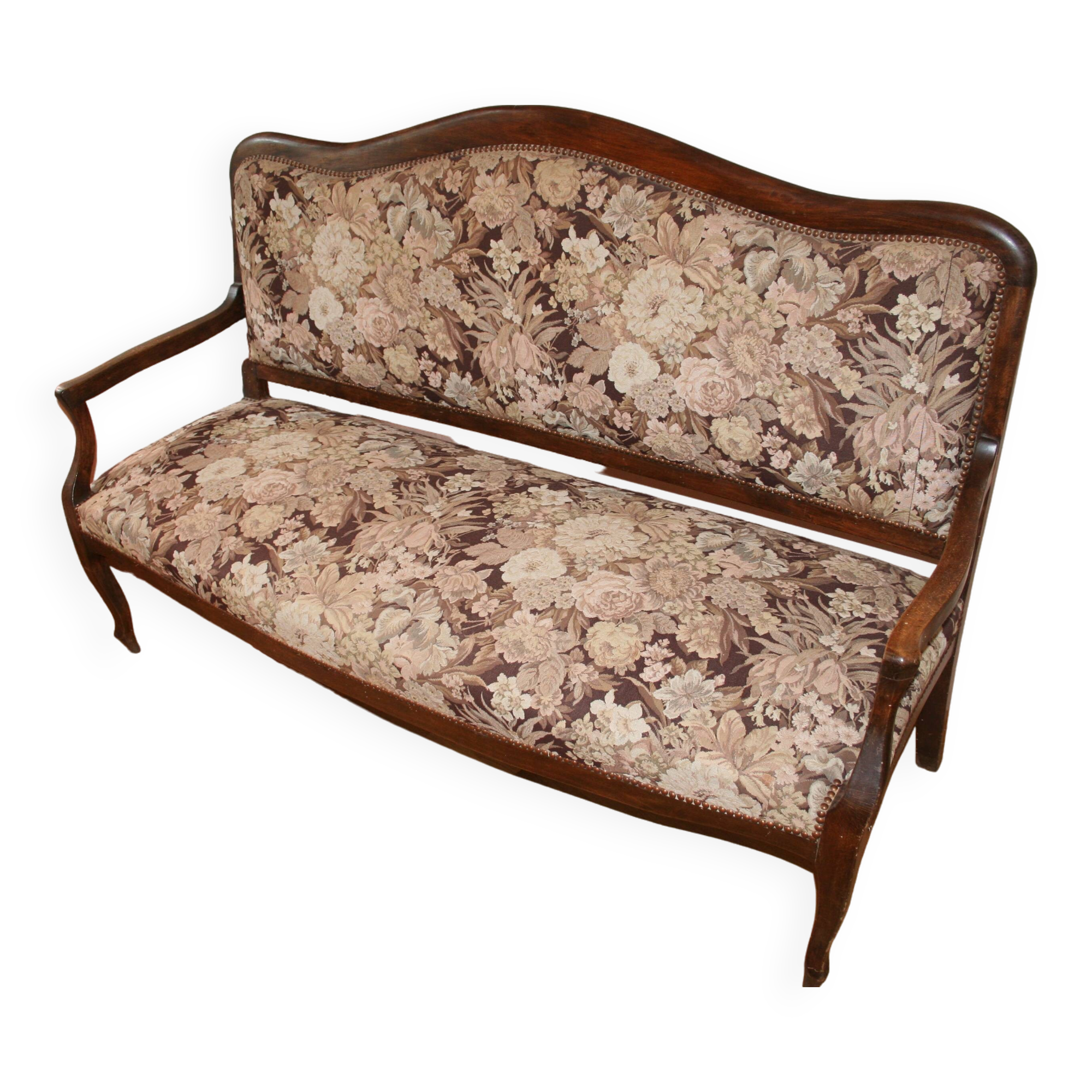 Old provencal bench studded fabric & solid wood 3 seat