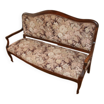 Old provencal bench studded fabric & solid wood 3 seat