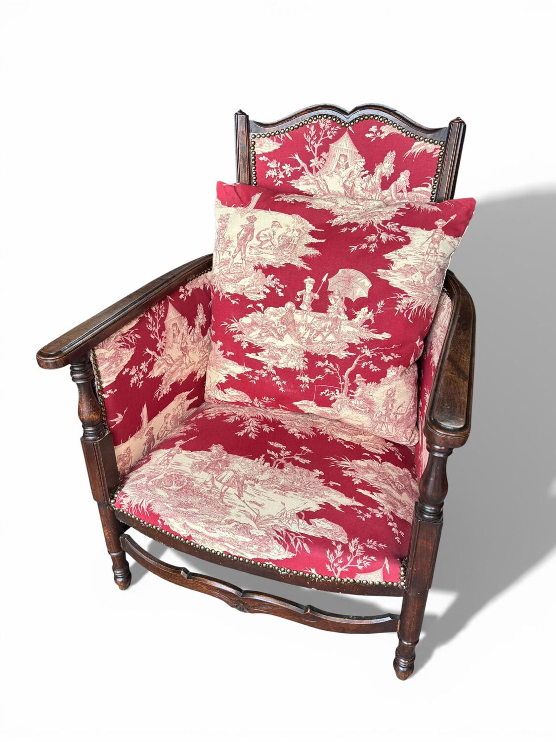 Antique armchair from around 1900, solid wood – red toile de Jouy.