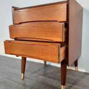 Norwegian bedside table with 3 drawers, teak and brass clogs