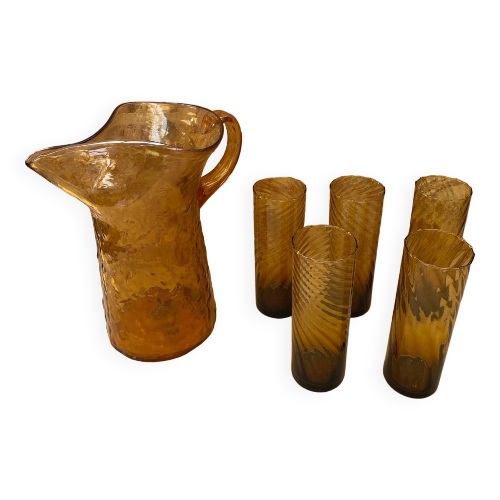 Orangeade carafe service + 5 vintage orange blown glass glasses