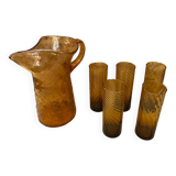 Ancien service a orangeade carafe + 5 verres verre soufflé orange vintage