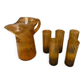 Orangeade carafe service + 5 vintage orange blown glass glasses