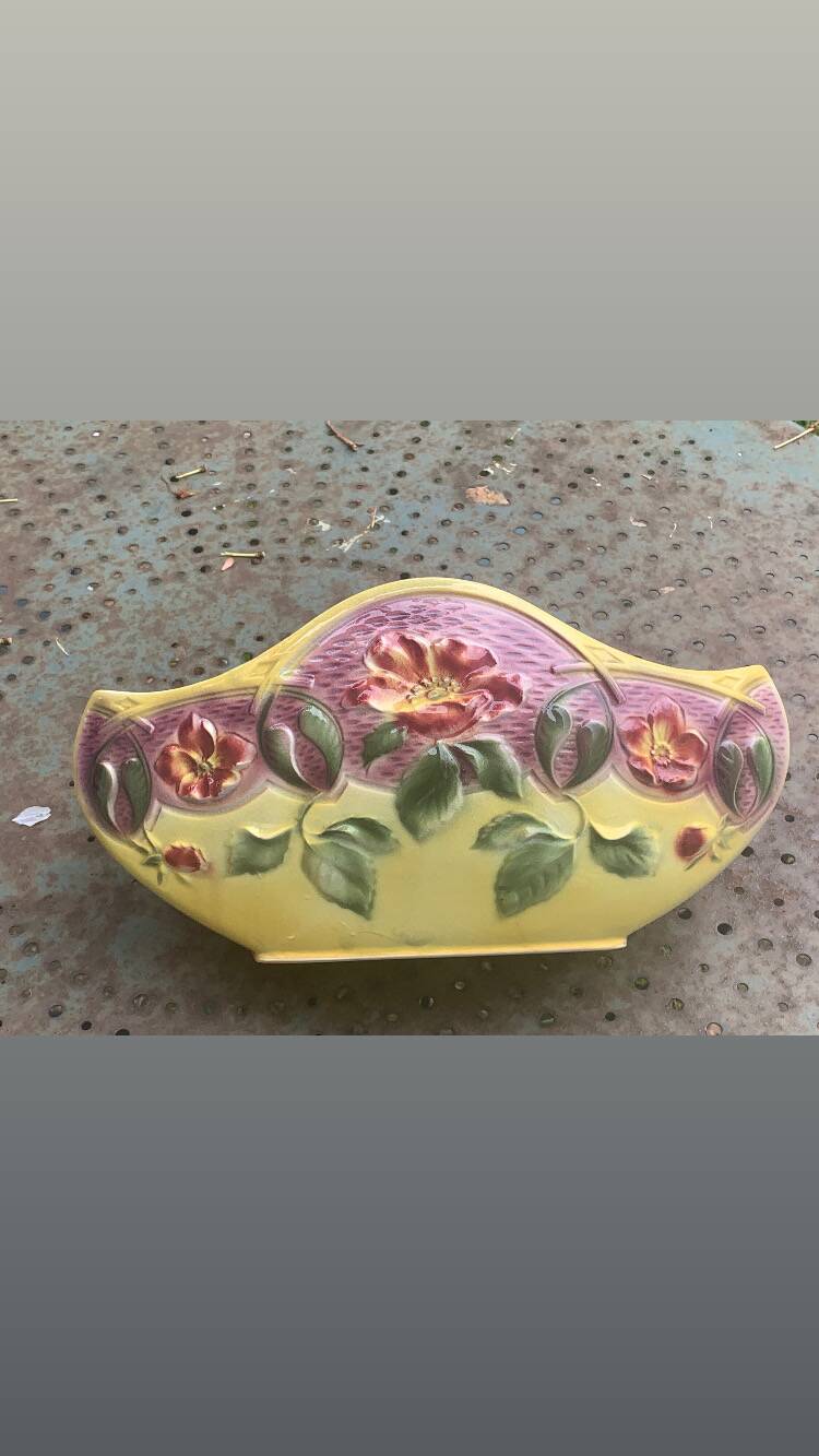 Yellow glazed ceramic slip planter, hawthorn pink flower pattern, art deco