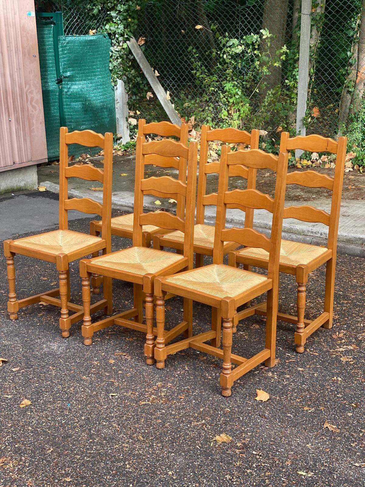 6 solid oak dining chairs with straw 105cm