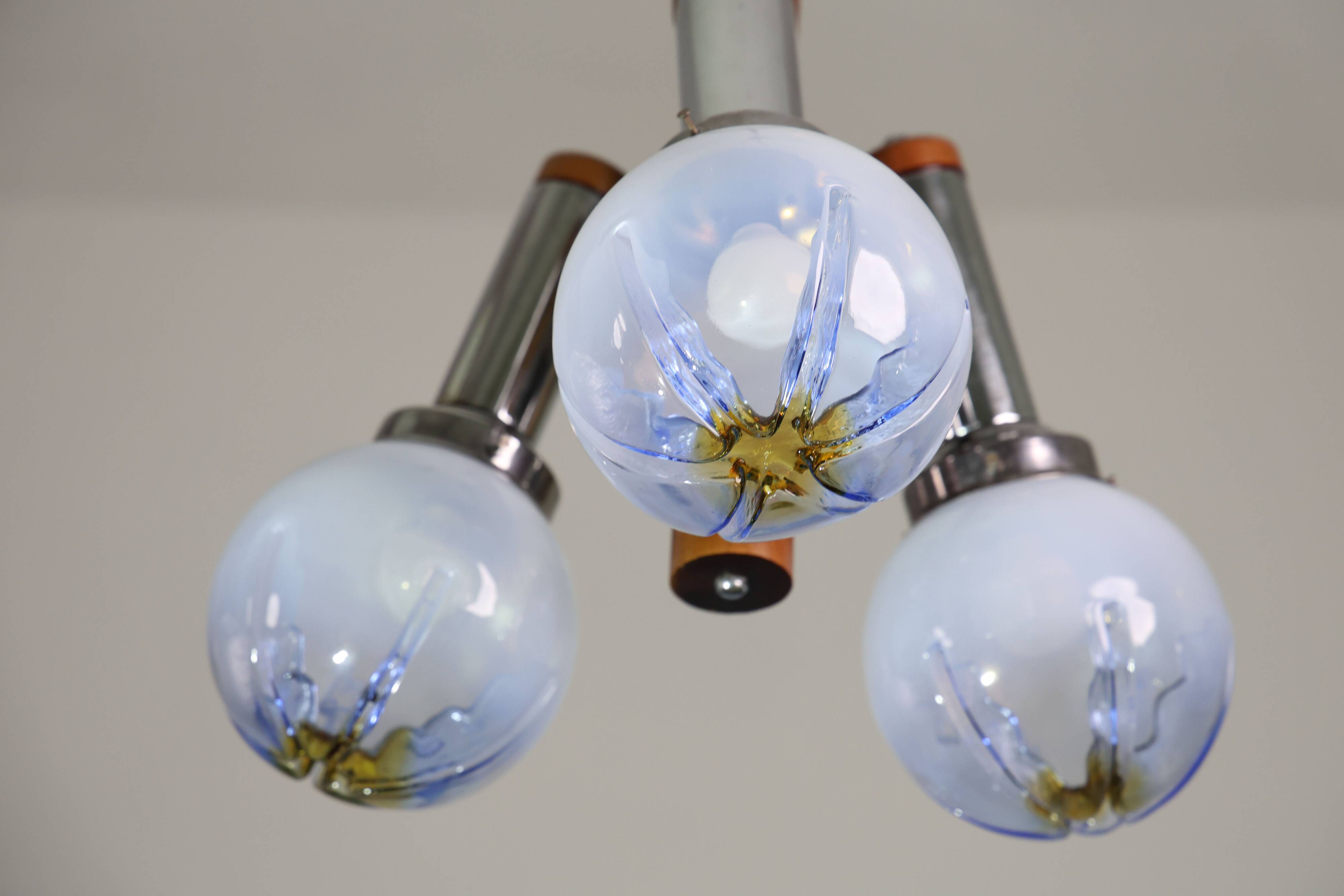 Chandelier en verre de Murano turquoise bleu à 3 lumières de style italien des années 50 par Mazzega