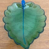 Set of 7 Vintage Green Leaf Shape Blown Glass Coupe Plates #C053