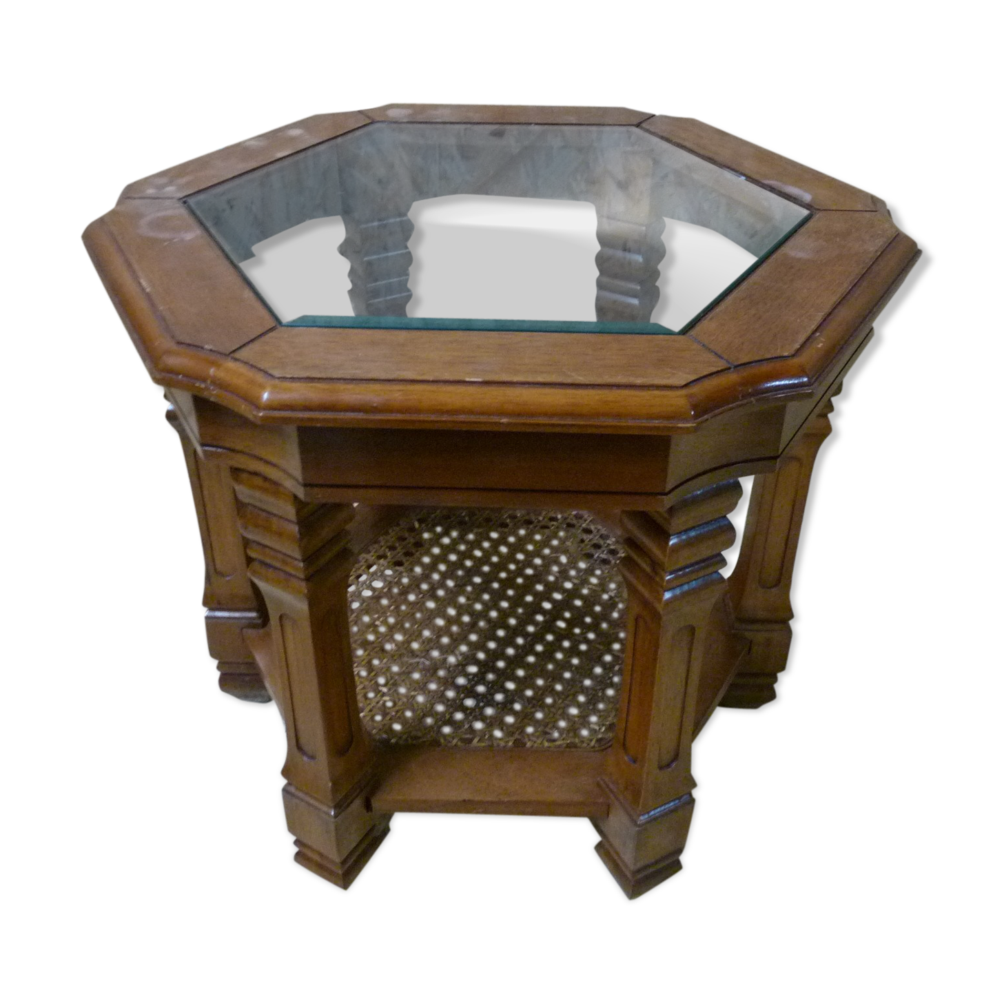 Hexagonal glass wood coffee table