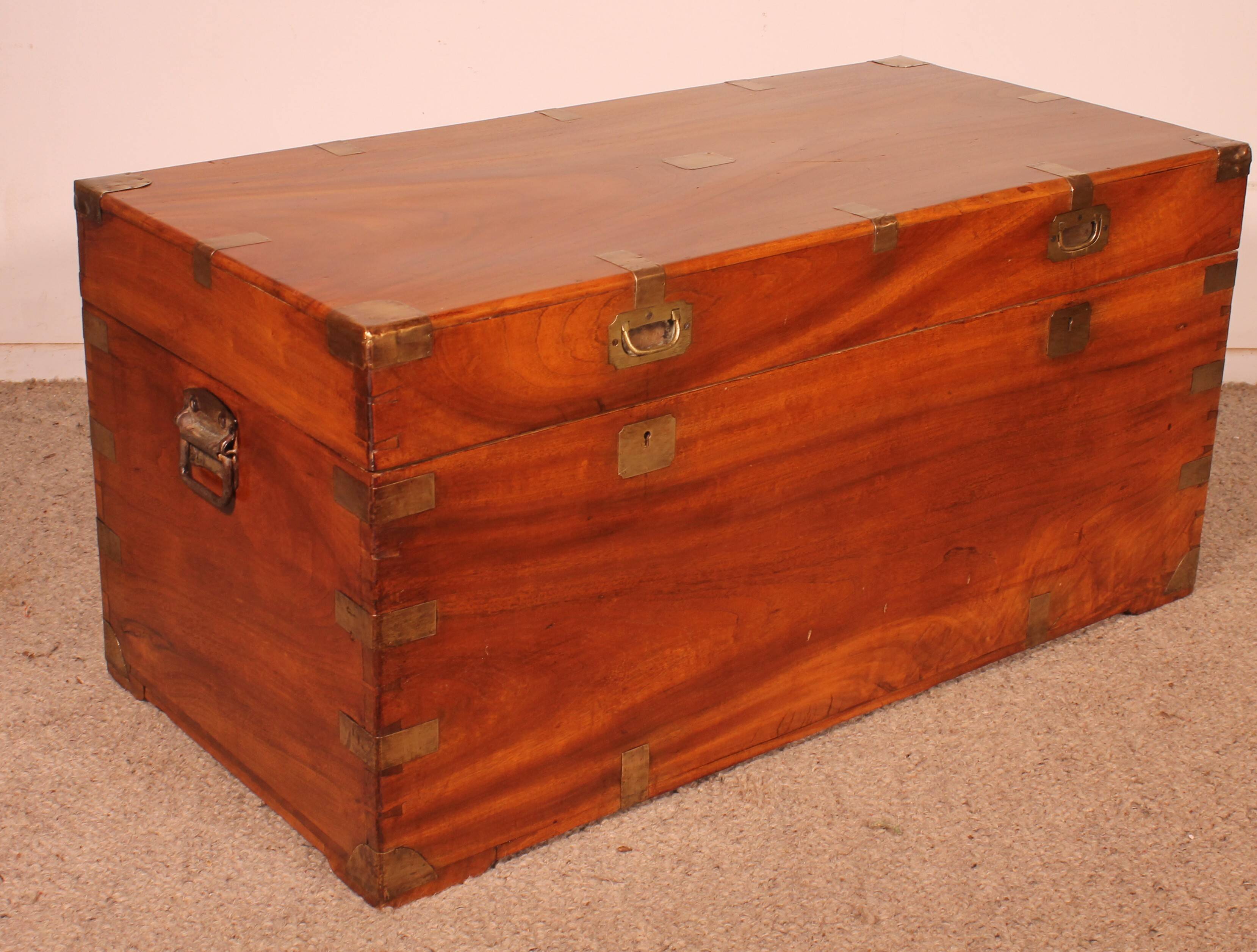 19th-century camphor wood marine chest with double locks and tray in