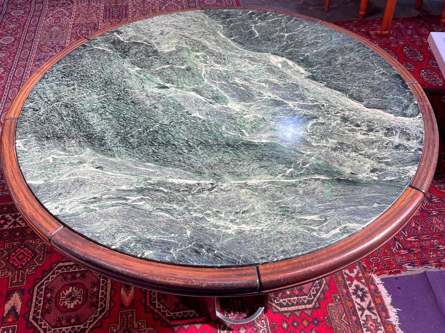 Vintage green sea marble and rosewood table from the 1970s.