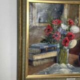 Original early century Swedish oil on canvas – "Tulips and Poppies" by Johan Jacobsson – vintage & framed 68 × 80 cm (26.8" × 31.5")