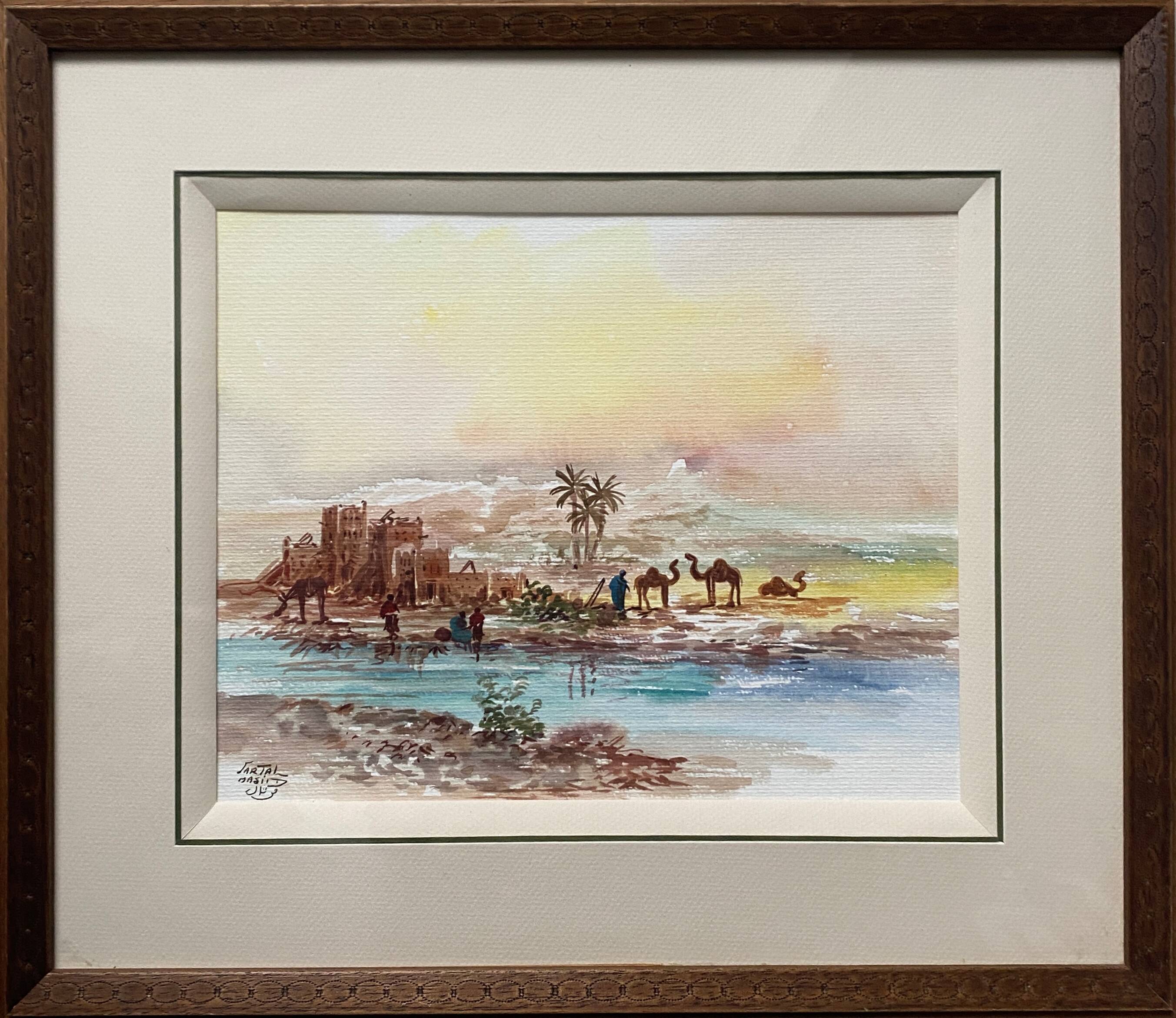 Watercolor painting "animated Orientalist landscape" B signed (to decipher) + frame