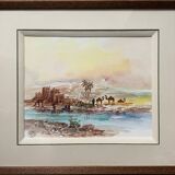 Watercolor painting "animated Orientalist landscape" B signed (to decipher) + frame