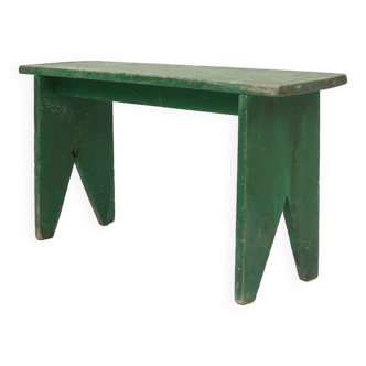 Industrial green bench with V-cut legs, France ca. 1900