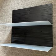 Pair of contemporary shelves in steel and stained wood