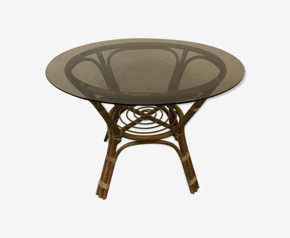 Table salle a manger ronde rotin et verre fumé | Selency