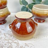 4 speckled two-tone lion head ceramic bowls – Émile Henry style – vintage stoneware made in France