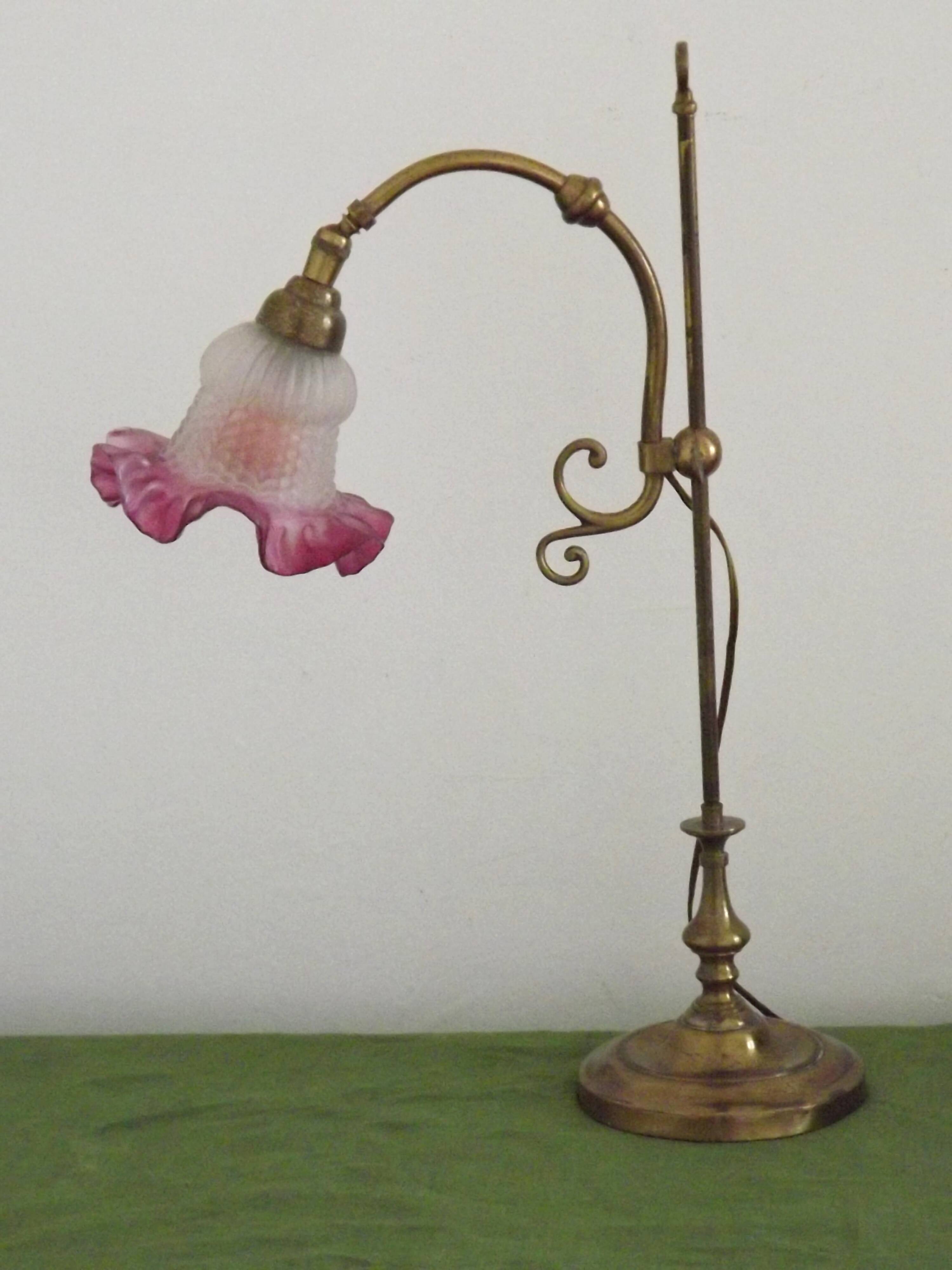 French Antique Brass Anglepoise Table Lamp Patterned Glass Pink Edged Shade 5131
