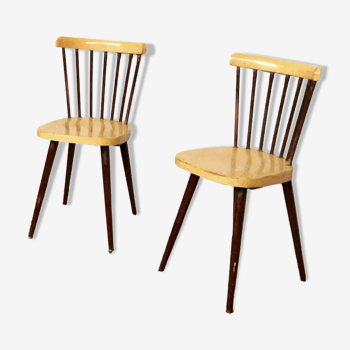 Pair of Baumann bistrot troquet chairs in yellow and brown wood