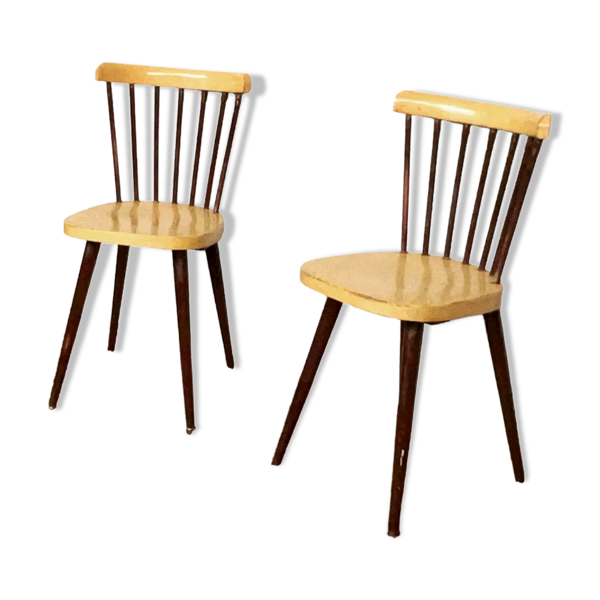 Paire de chaises Baumann bistrot troquet en bois jaune et brun