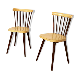 Pair of Baumann bistrot troquet chairs in yellow and brown wood