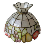 Old large mother-of-pearl brass lampshade stained glass style fruit decor 31 cm