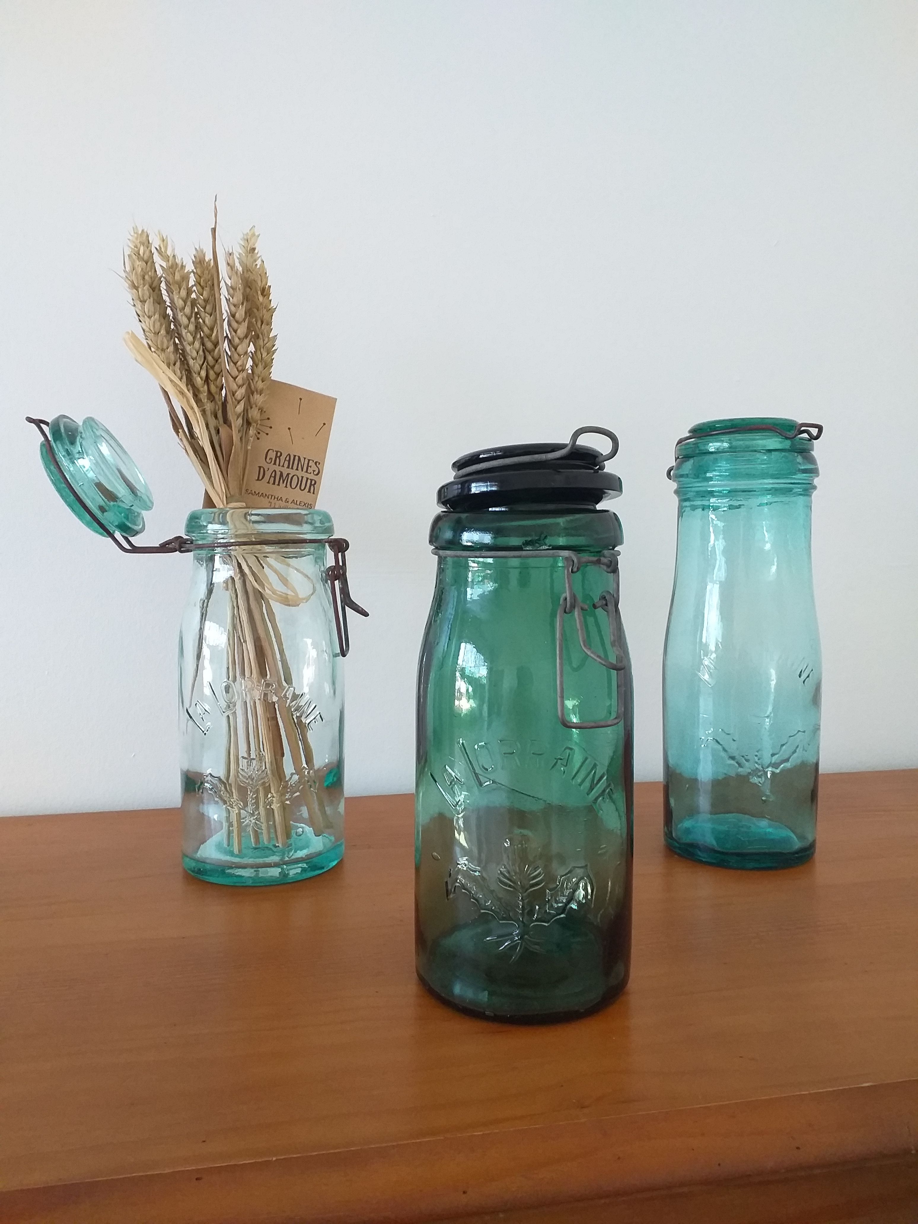 Old jar La Lorraine and The ideal in thick glass light green and dark green