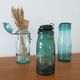 Old jar La Lorraine and The ideal in thick glass light green and dark green