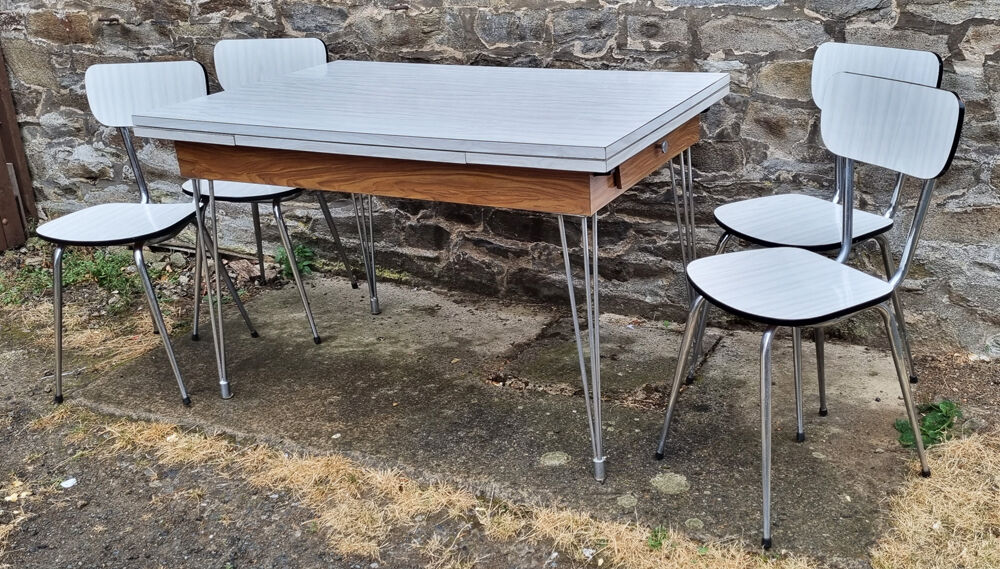 Set table chairs formica bicolor white and wood, feet eiffel, SIF, 70s, its 4 chairs