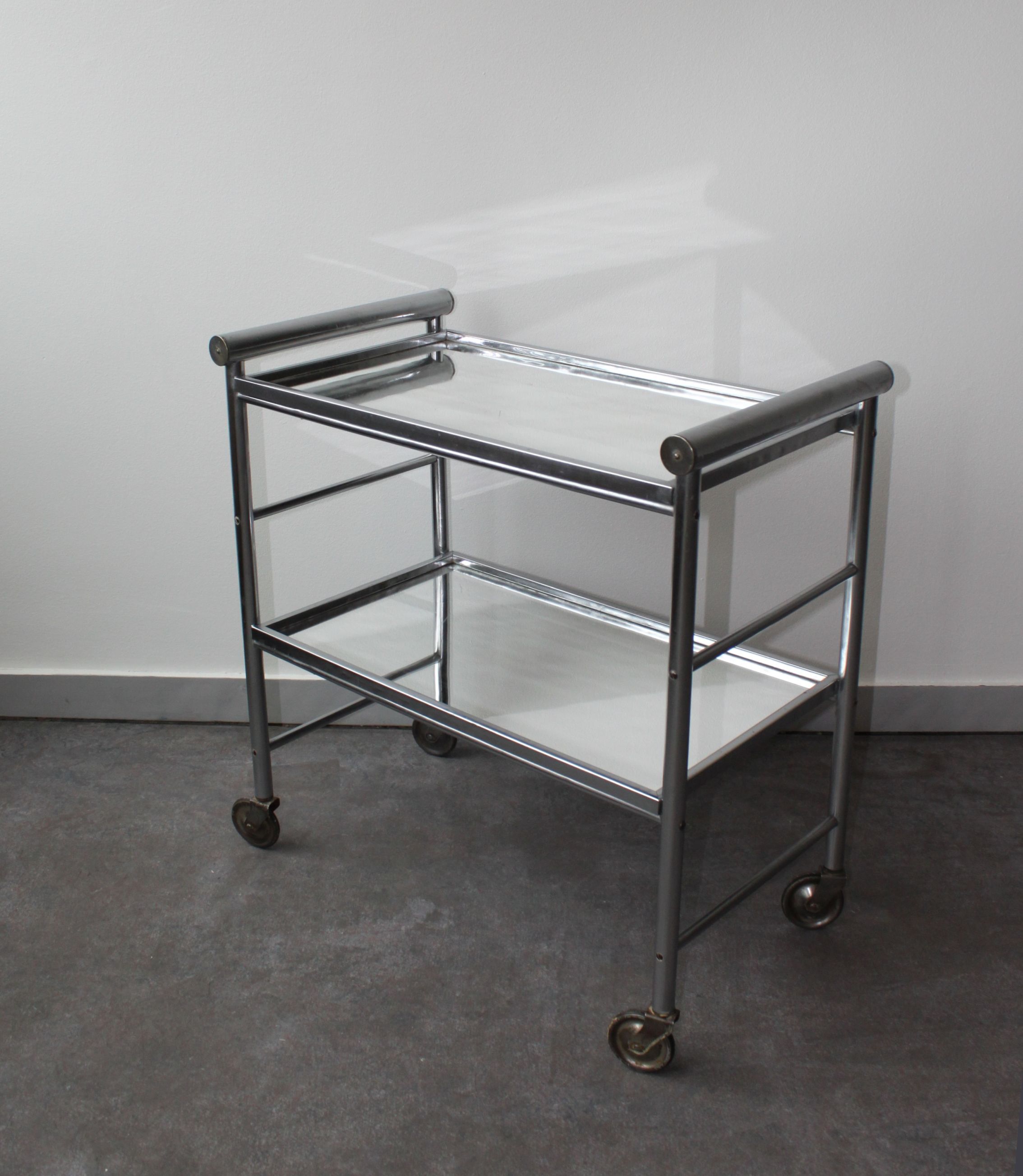 Chariot de bar aluminium 2 plateaux miroir 60's.