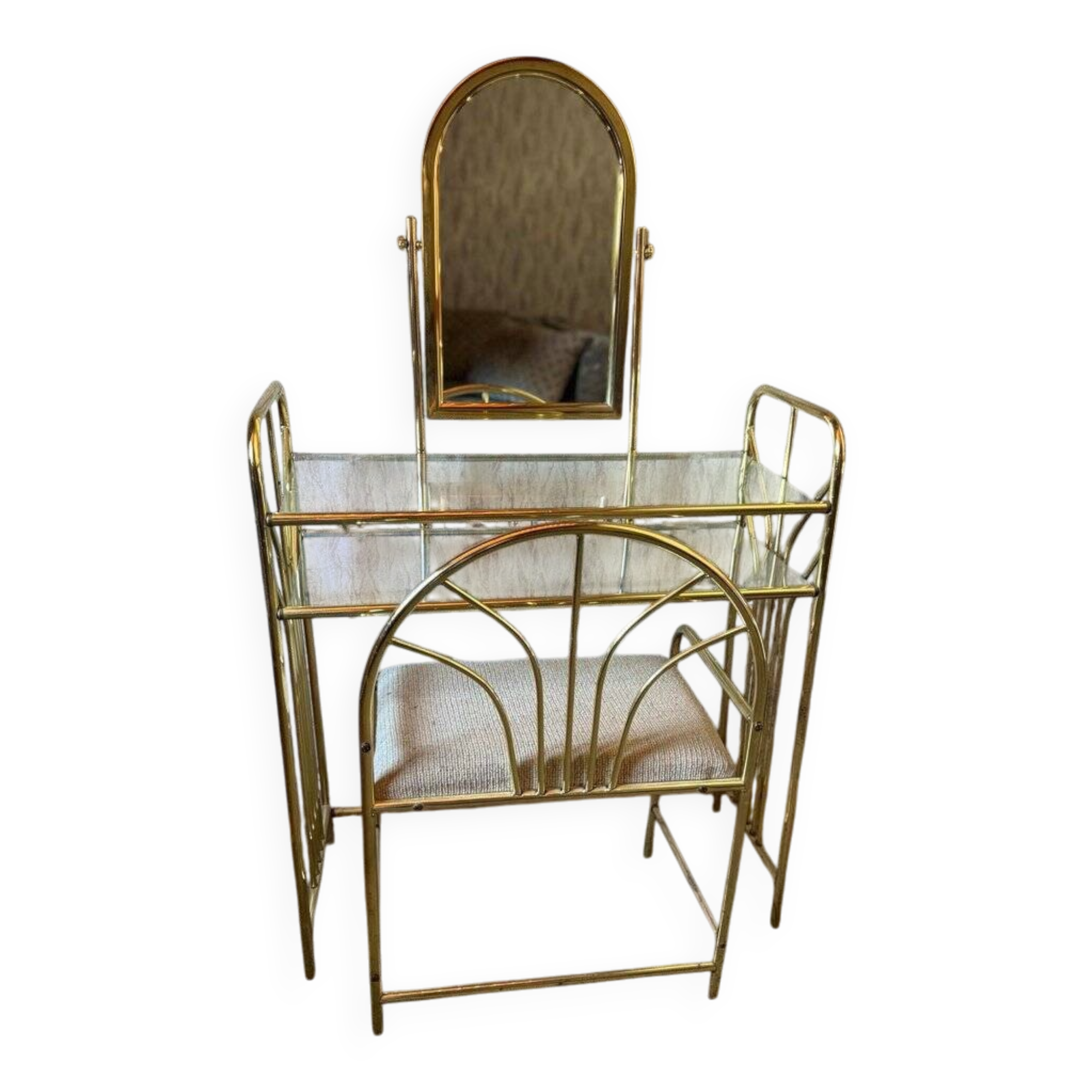 Vintage brass dressing table with mirror and matching stool, 1950s.