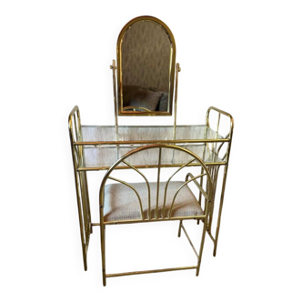 Vintage brass dressing table with mirror and matching stool, 1950s.