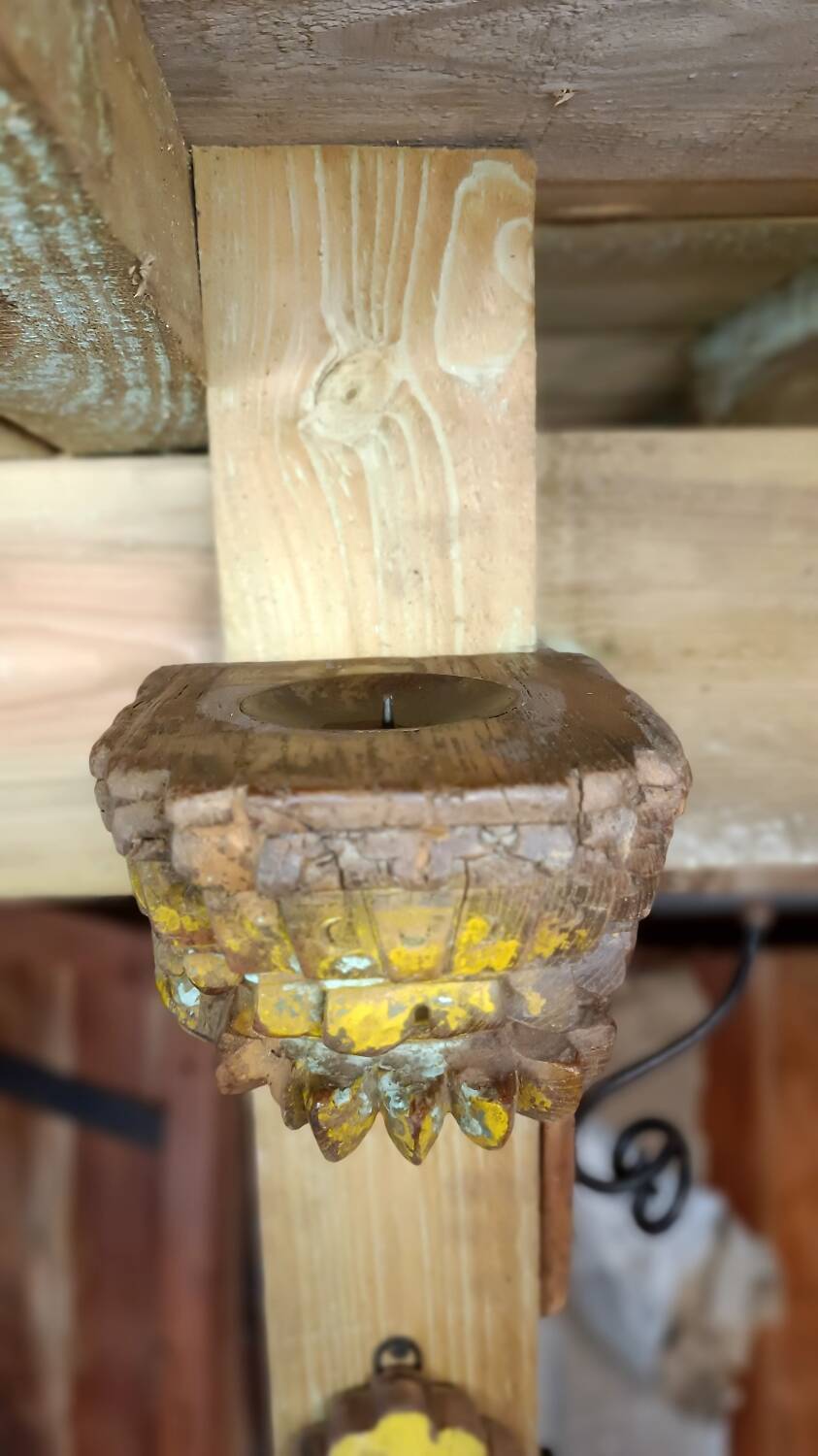Piece of recycled teak Indian door (corner of the door frame) transformed into a candle holder