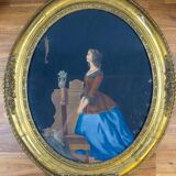 Old lithograph of a woman in prayer – Oval gold frame