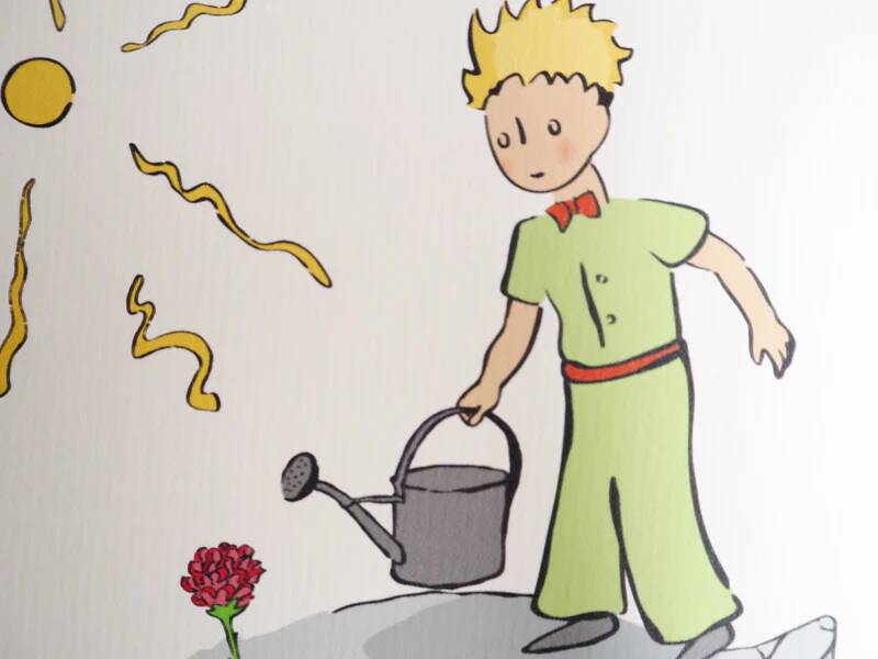 Antoine de Saint-Exupéry: The Little Prince waters his rose, lithograph.