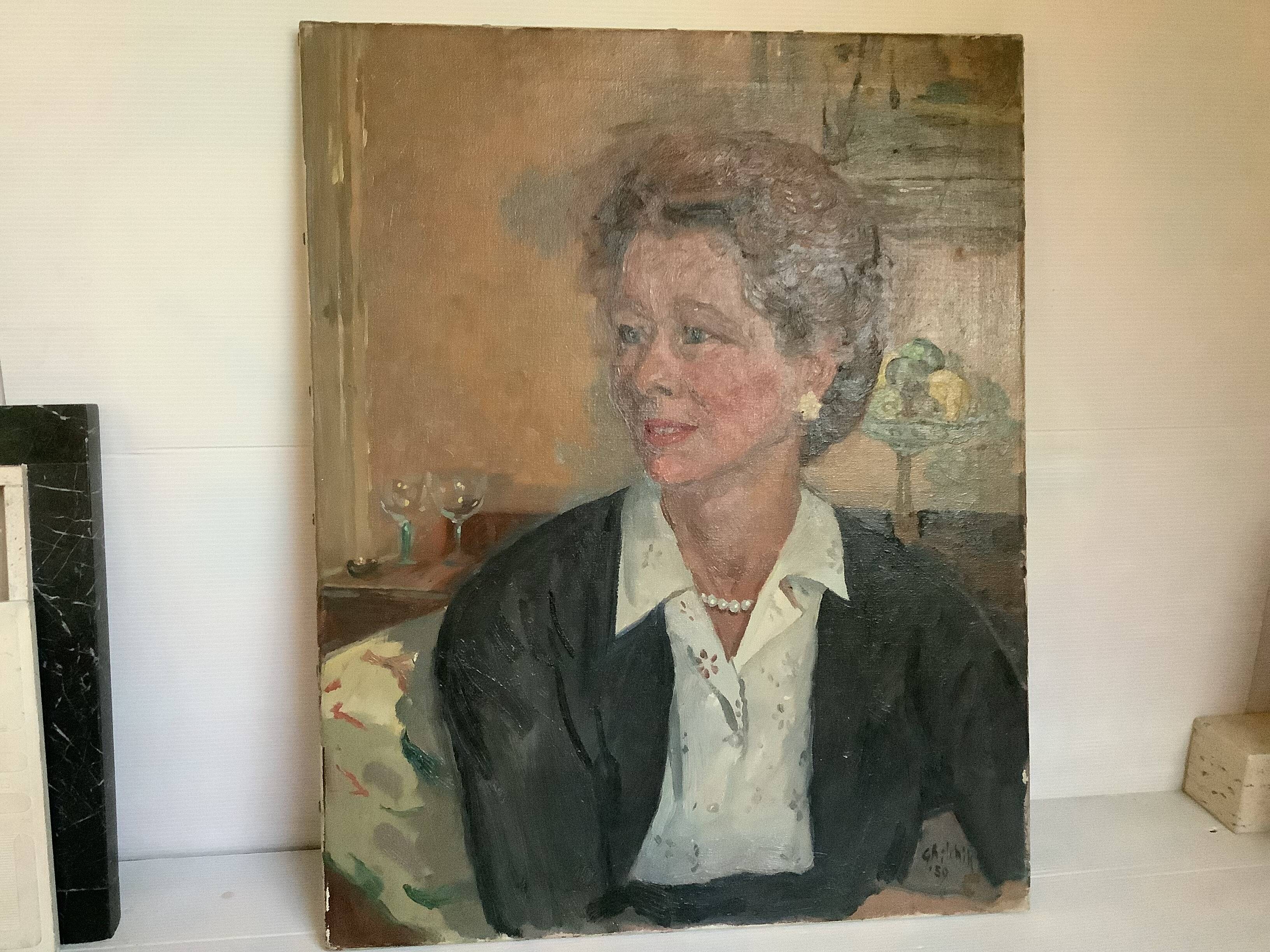 Large portrait painting of a woman, oil on canvas, signed.