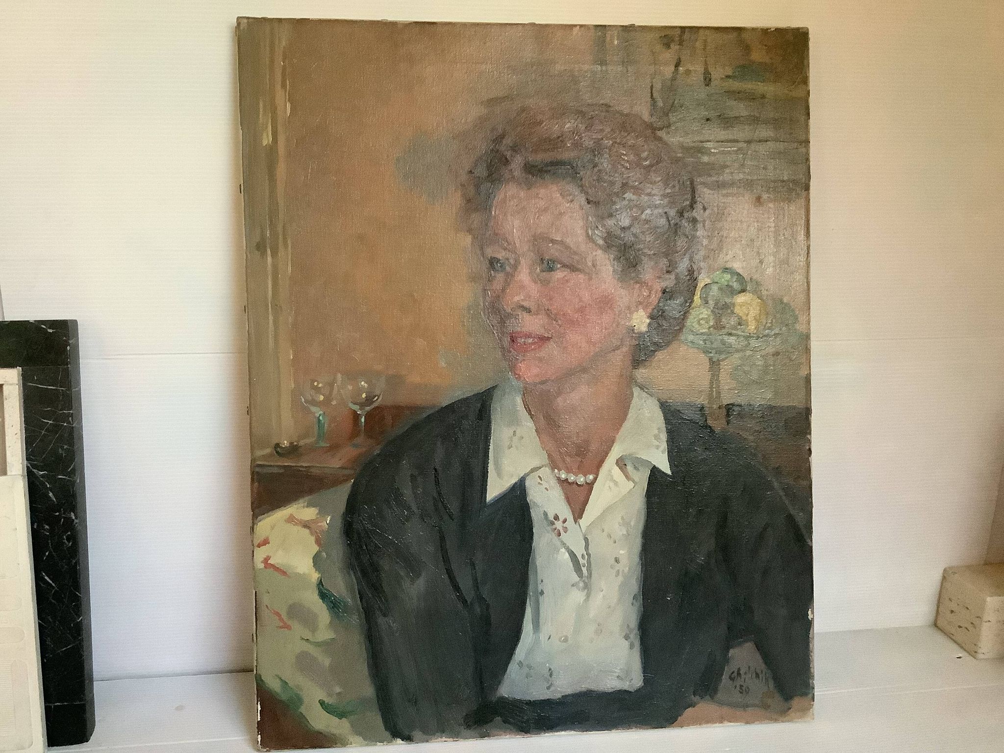 Large portrait painting of a woman, oil on canvas, signed.