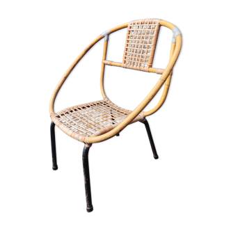 Fauteuil bambou rotin piètement acier vintage