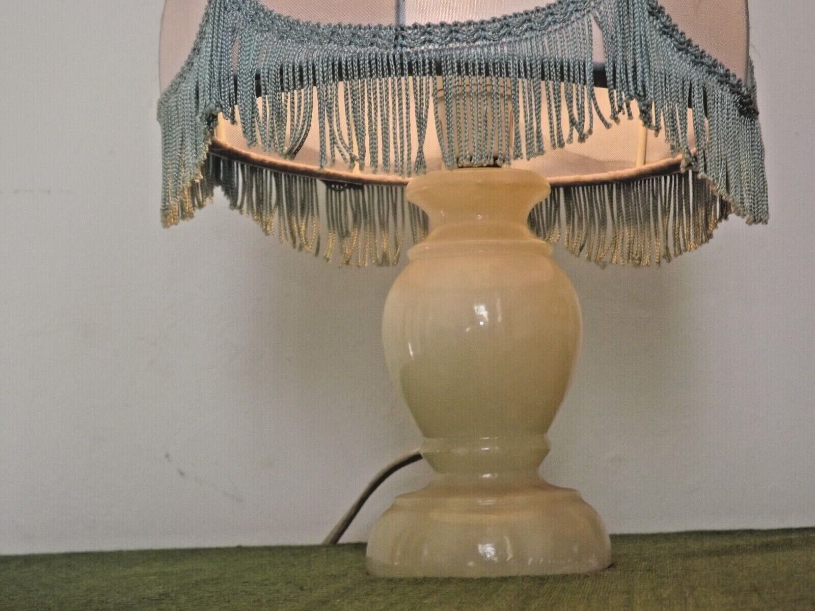 Pair of marble bedside lamps with blue satin fringed shades