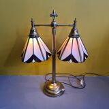 Old brass desk lamp with stained glass. 20th century.
