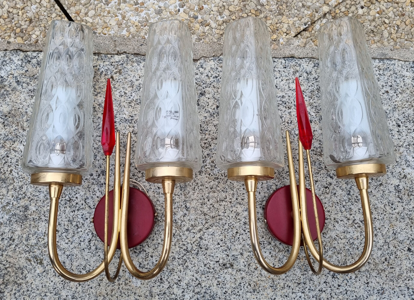 Pair of double fire wall lamps, vintage, 50/60s