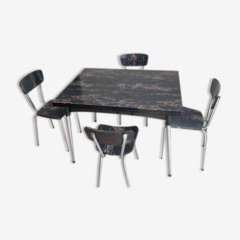 Table formica marbré & 4 chaises